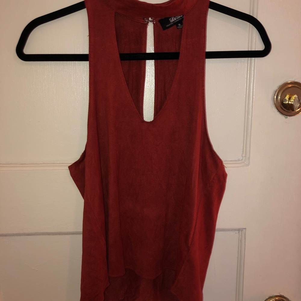 Suede Burnt Orange V-Neck and Choker Tank Top